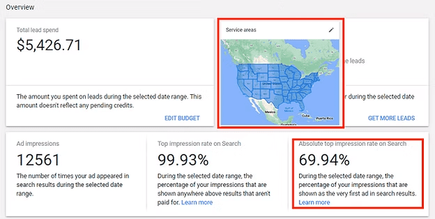 Google Local Services Ads overview screenshot showing service area map and top impression rate.