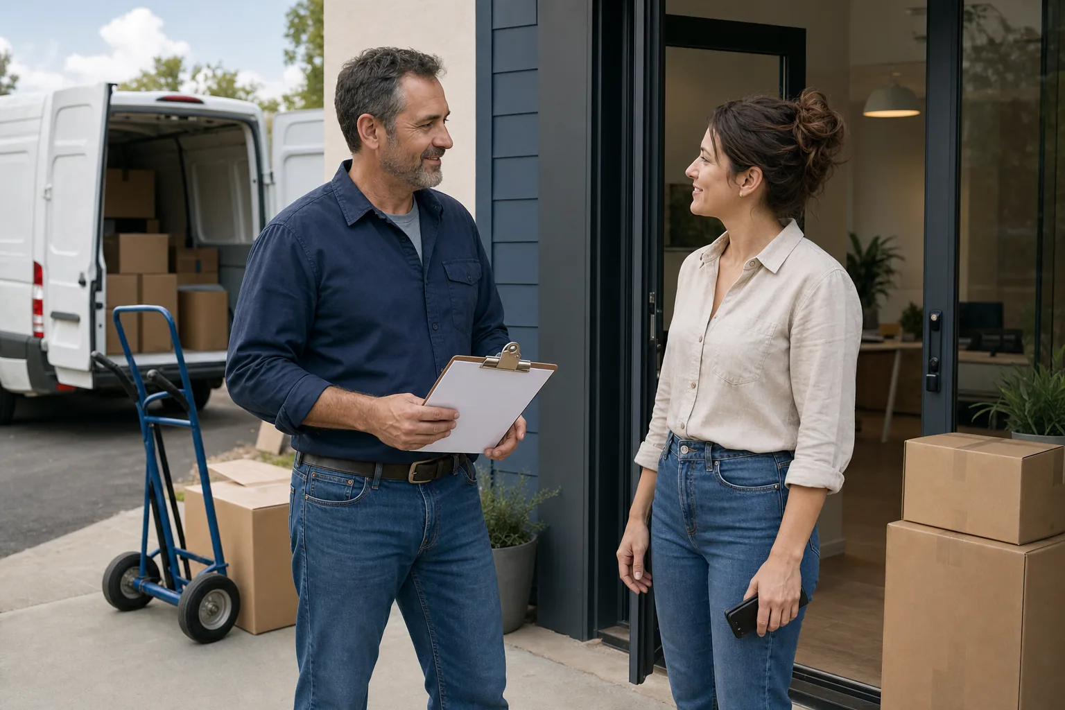 Local service business owner and office manager talking outside a new business location during a move