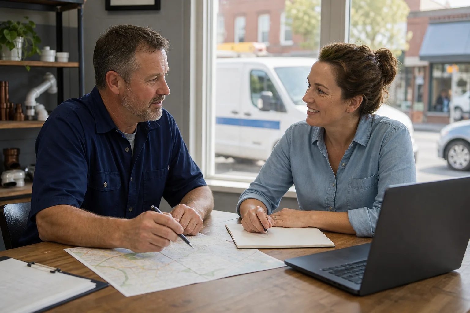 Local service business owner and marketing coordinator comparing a neighborhood map and business plan
