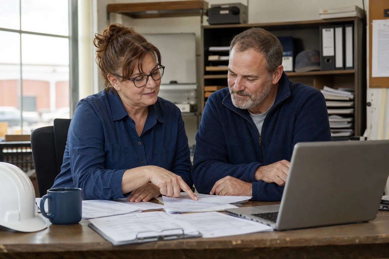 Roofing company office manager and owner reviewing lead charges and invoices together
