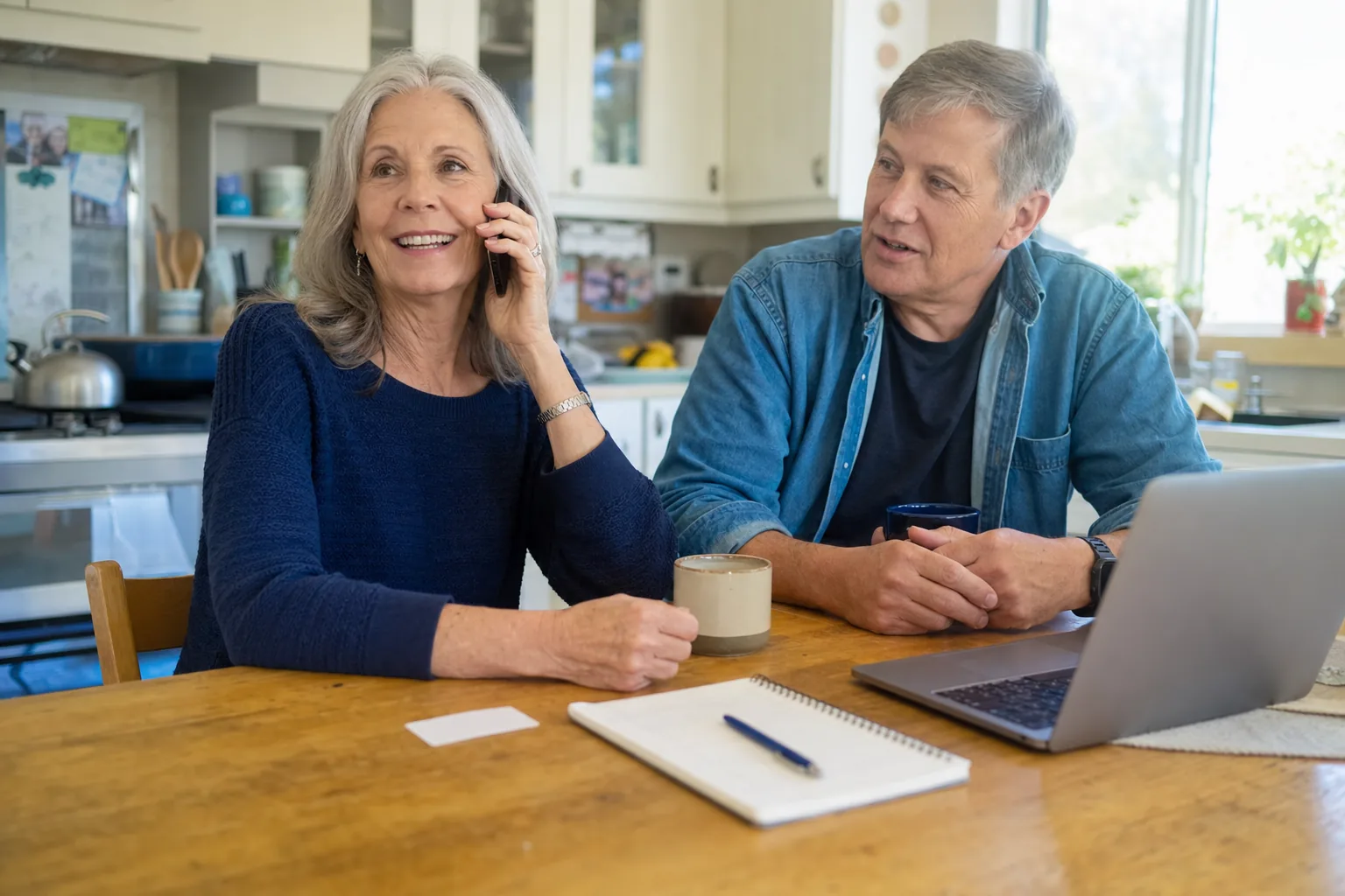Homeowner speaking on the phone with a familiar local service business while her husband joins the conversation