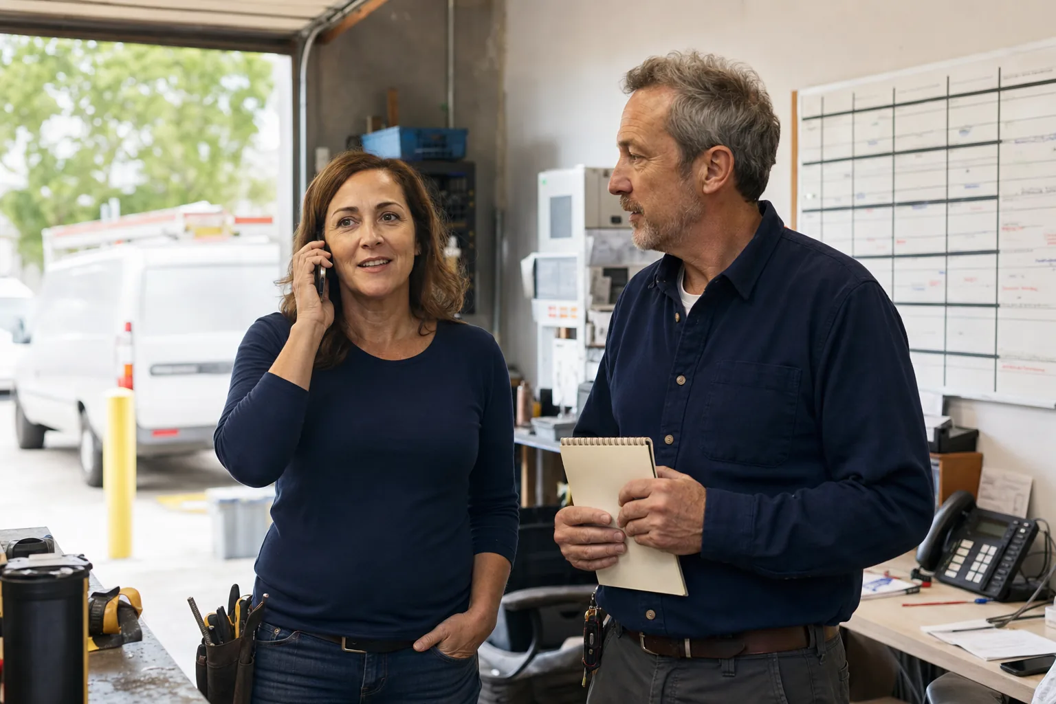 Electrical contractor owner speaking on the phone while a dispatcher reviews a notepad in a workshop office