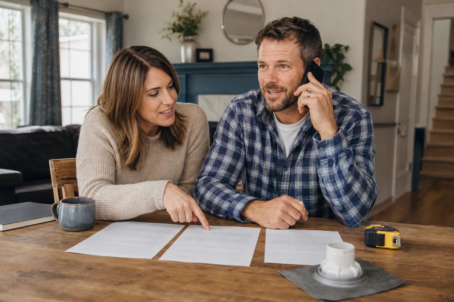 Homeowners comparing several contractor estimates while speaking with a local service business by phone