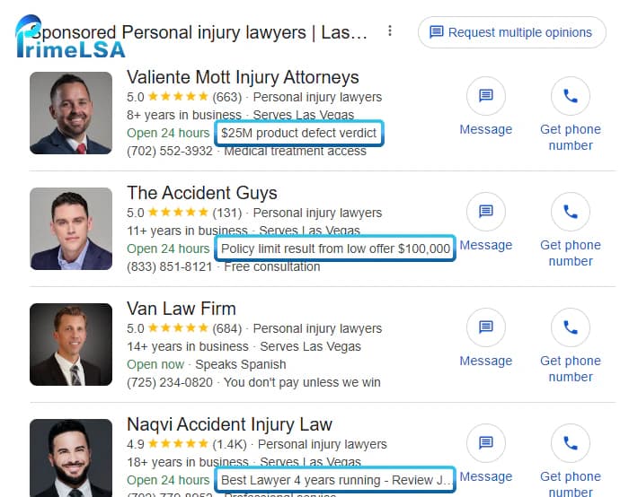 Google Local Services Ads showing case-result callouts for Las Vegas personal injury lawyers