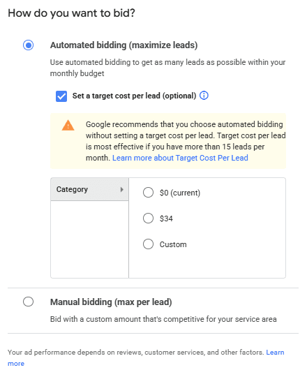 Local Services Ads Profile and Budget screen showing automated bidding with optional target cost per lead choices.