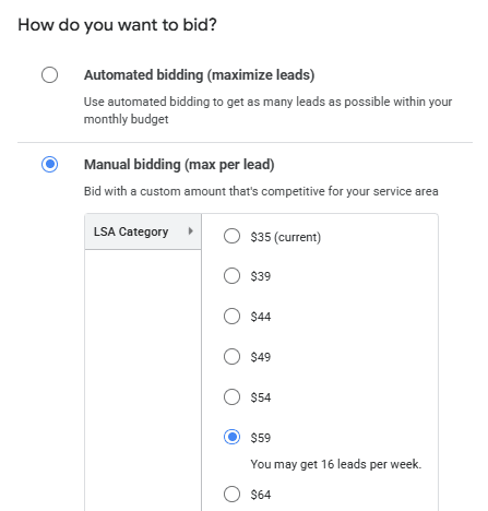 Local Services Ads Profile and Budget screen showing manual bidding max per lead choices and estimated weekly leads.