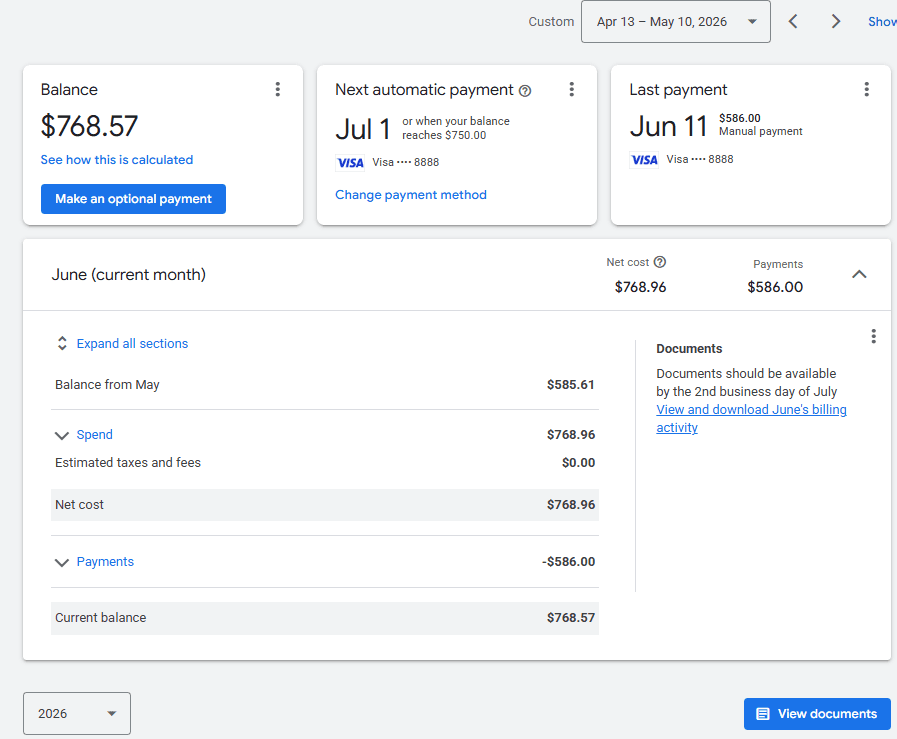Google Ads billing page showing balance, next automatic payment, last payment, documents, and current balance.