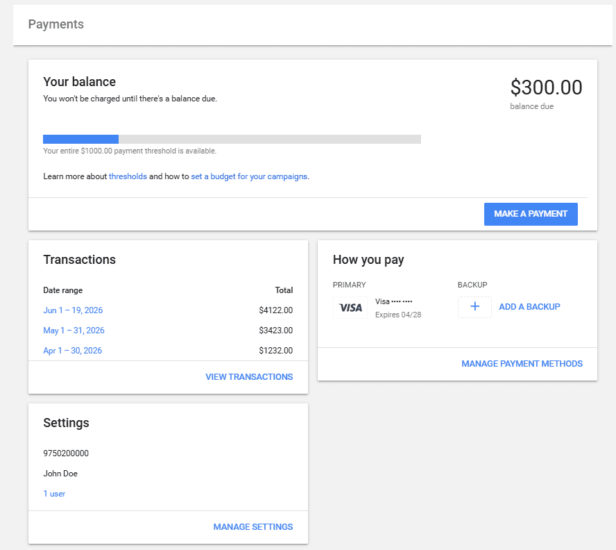 Local Services Ads payments screen showing balance due, payment threshold, transactions, and payment method.