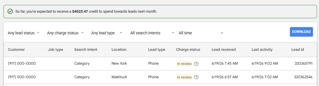 Local Services Ads leads tab showing expected lead credits and lead rows with charge status in review.