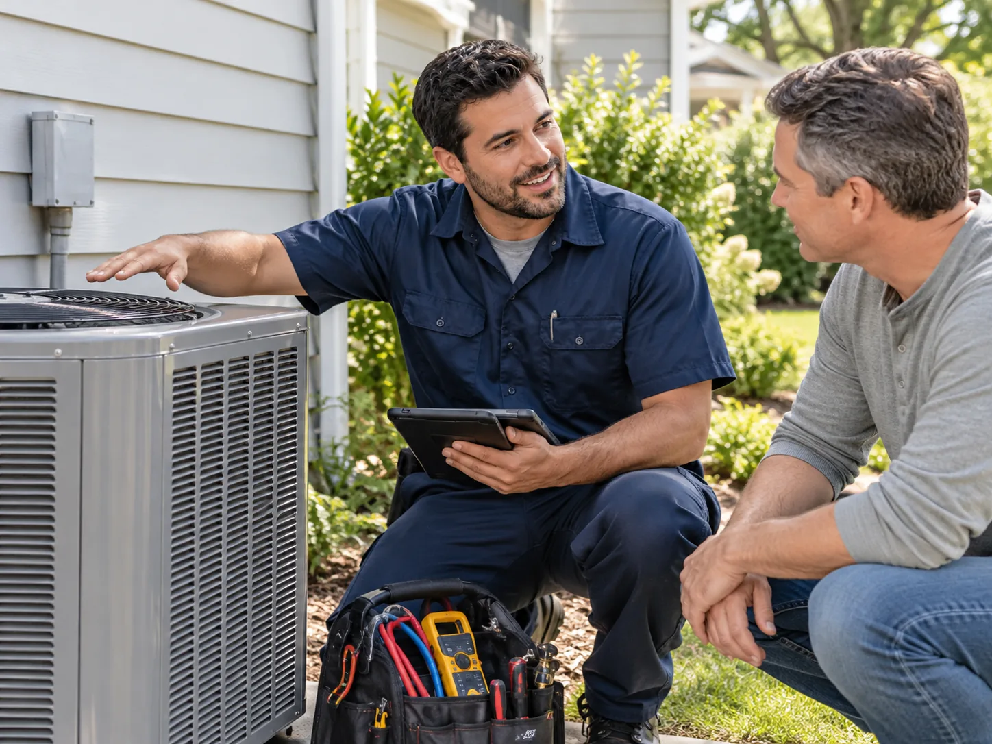 Illustration of an HVAC technician discussing an outdoor air conditioner with a homeowner
