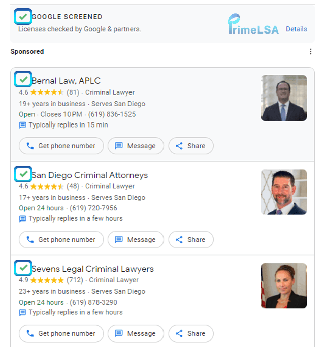 Google Screened badge shown on an individual lawyer Local Services Ads listing