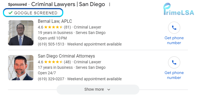 Google Screened badge shown in lawyer Local Services Ads results