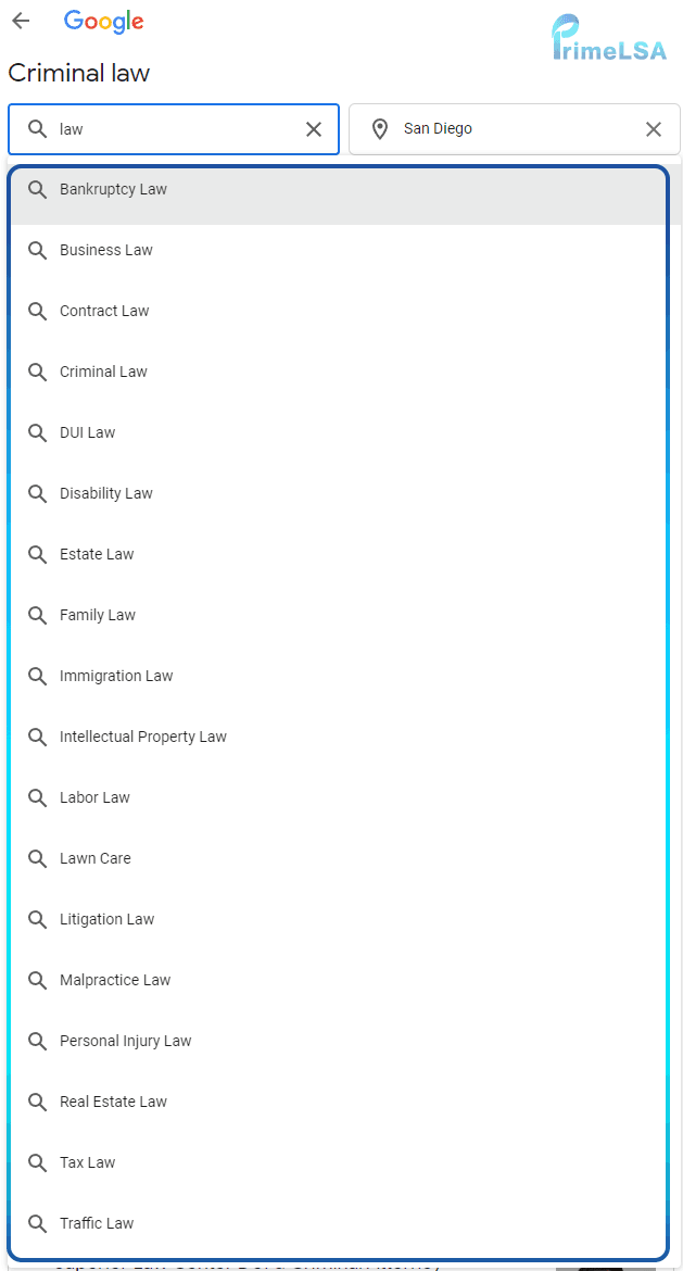 Local Services Ads filter and lawyer profile selection view