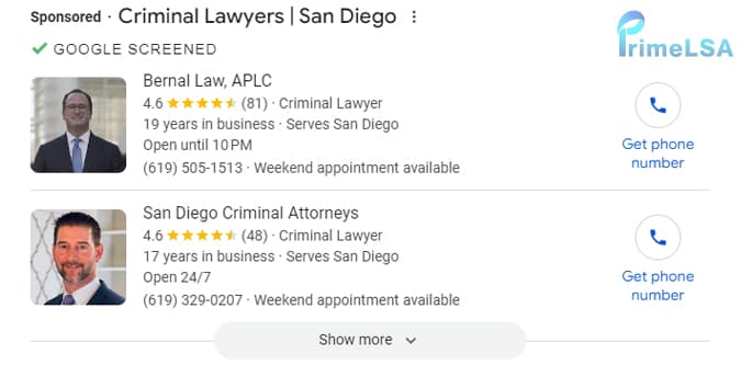 Lawyer Local Services Ads results at the top of search