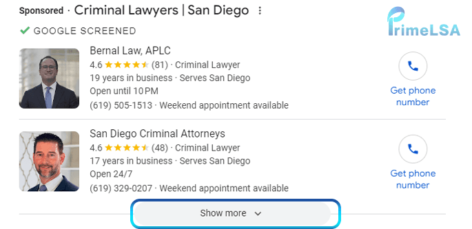 Lawyer Local Services Ads results with show more option