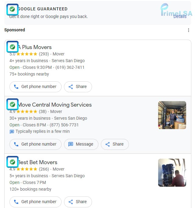 Google Guaranteed badge shown on an individual mover Local Services Ads listing