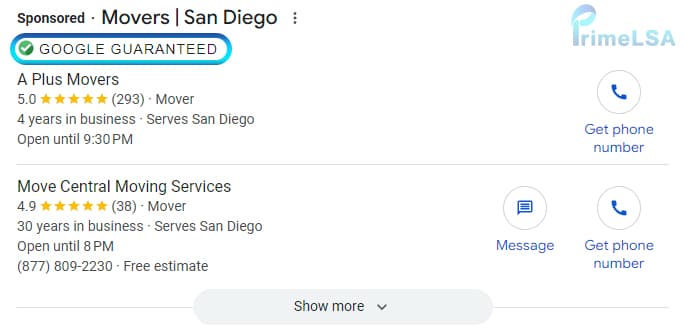Google Guaranteed badge shown in mover Local Services Ads results