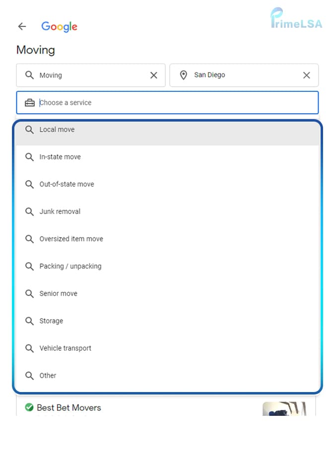 Local Services Ads filter view for moving services