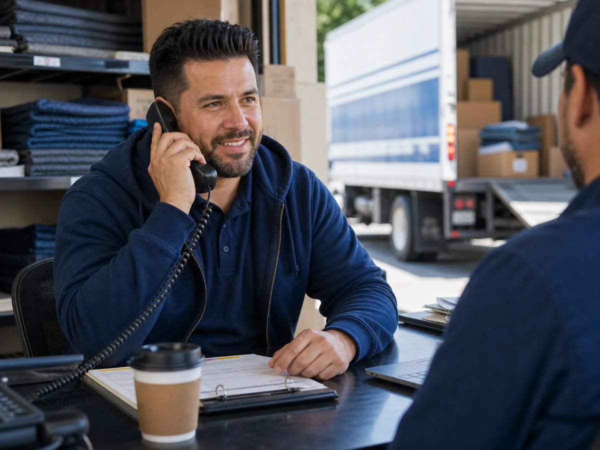 Moving company dispatcher reviewing lead follow-up beside a truck bay
