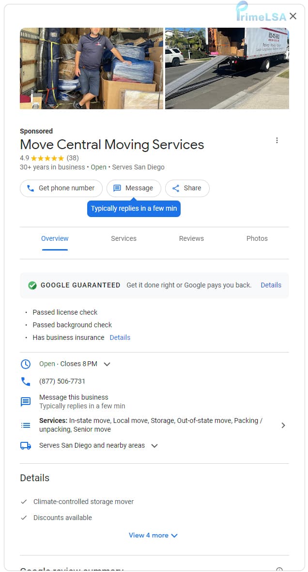 Detailed mover Local Services Ads profile view