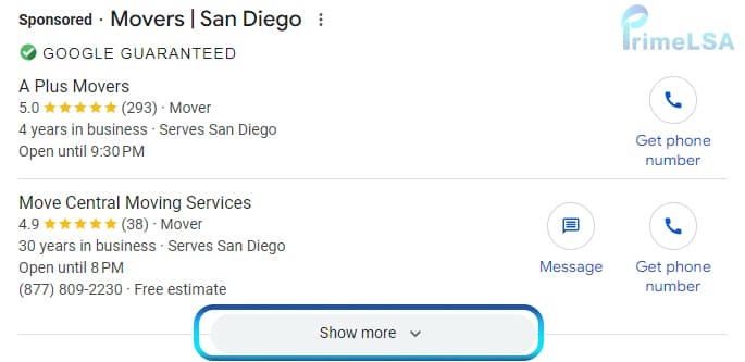 Mover Local Services Ads results with show more option