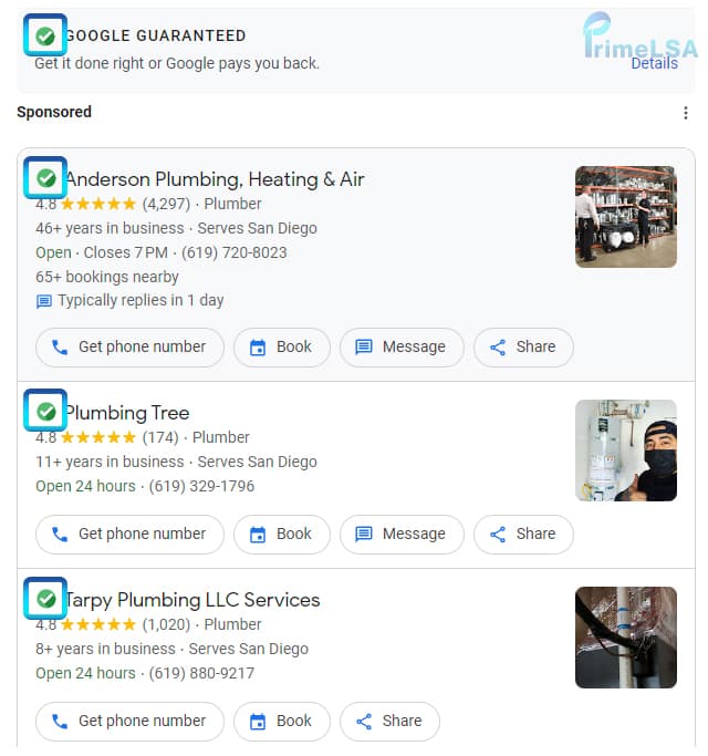 Historical Google Guaranteed badge on a plumber Local Services Ads listing before Google Verified
