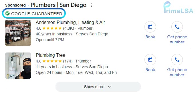 Historical Google Guaranteed badge in plumber Local Services Ads results before Google Verified