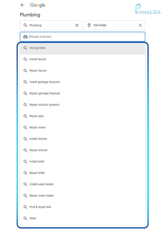 Local Services Ads filter view for plumbing services