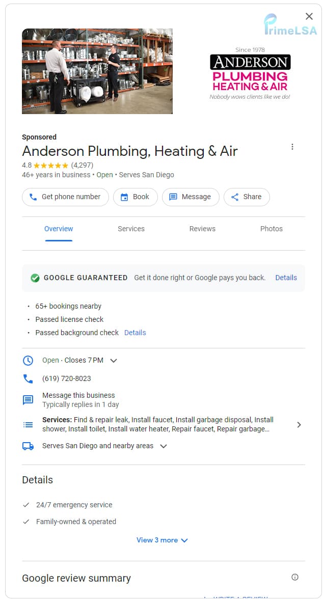 Detailed plumber Local Services Ads profile view