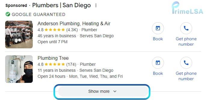 Plumber Local Services Ads results with show more option