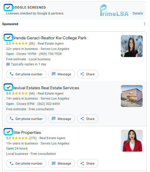 Historical Google Screened badge on a Realtor Local Services Ads listing before Google Verified