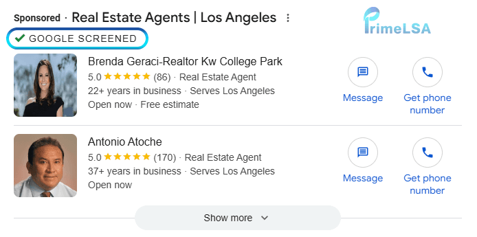 Historical Google Screened badge in Realtor Local Services Ads results before Google Verified