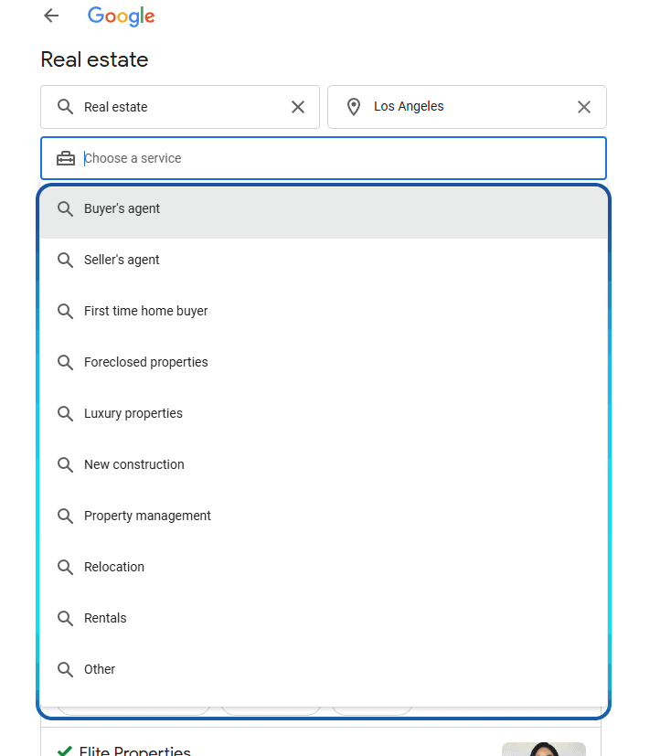 Local Services Ads filter view for realtor services
