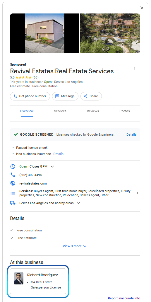 Detailed realtor Local Services Ads profile view
