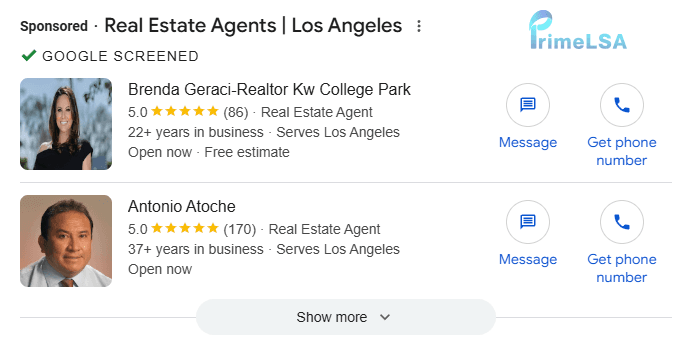 Realtor Local Services Ads results at the top of search