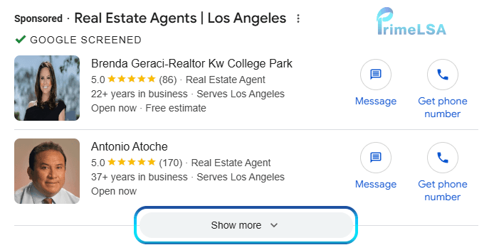 Realtor Local Services Ads results with show more option
