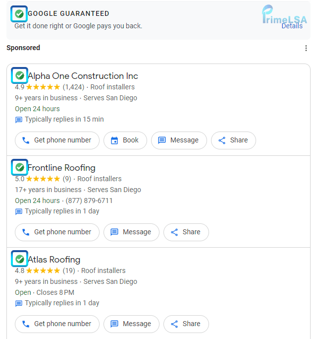 Google Guaranteed badge shown on an individual roofer Local Services Ads listing