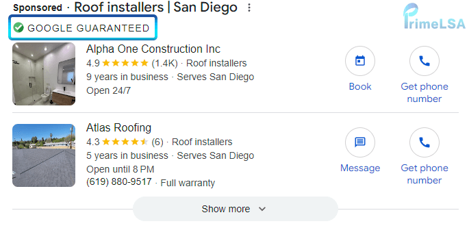 Historical Google Guaranteed badge in roofer Local Services Ads results before Google Verified