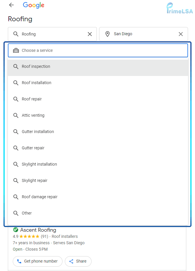 Local Services Ads filter view for roofing services