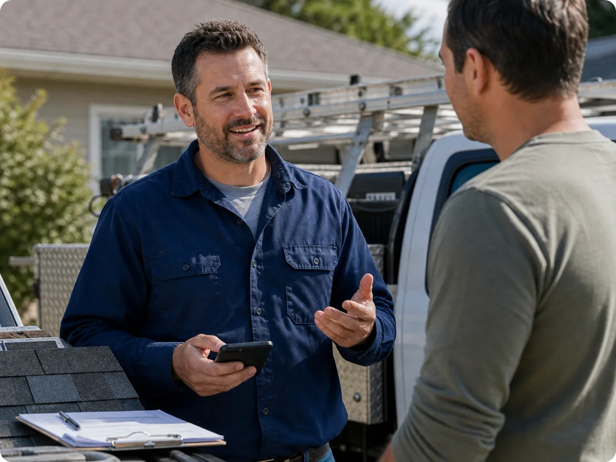 Roofing company owner reviewing Local Services Ads lead follow-up beside roofing materials