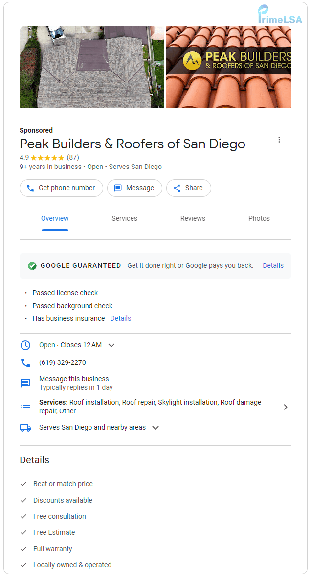 Detailed roofer Local Services Ads profile view