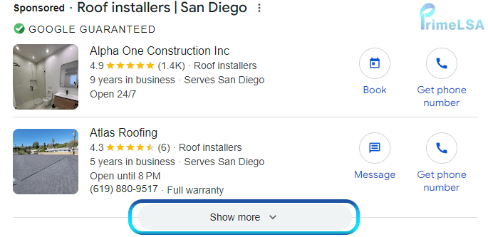 Roofer Local Services Ads results at the top of search